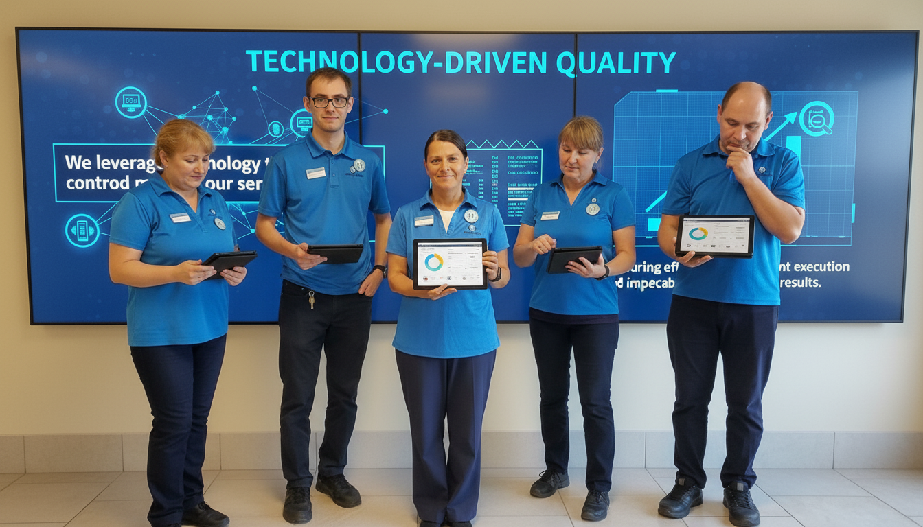 A professional using a tablet to manage operations in a clean environment.